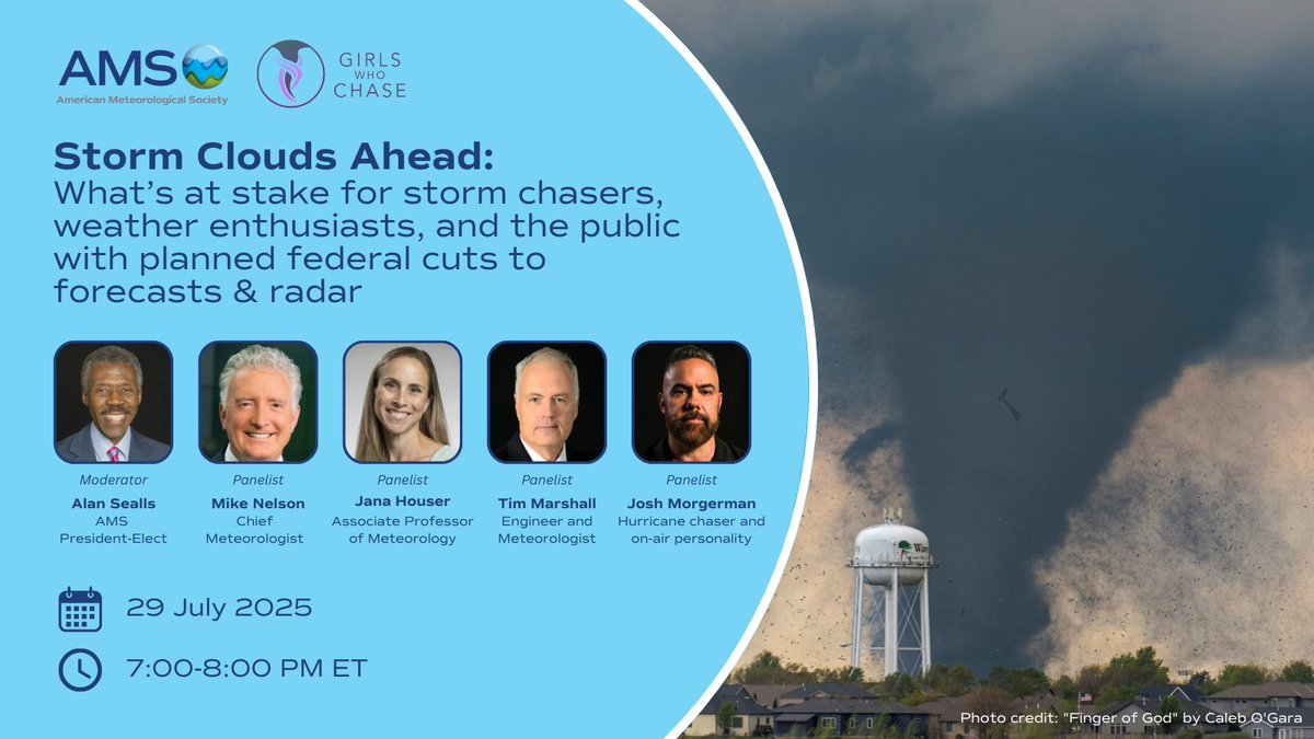 ametsoc's tweet image. Are your weather forecasts in danger?
Next week join weather & storm experts @MikeNelson247, Jana Houser, @TornadoTornado, & @iCyclone—moderated by @alansealls—as they discuss impacts of government cuts on the weather community and public.
Register now: bit.ly/462OQU2