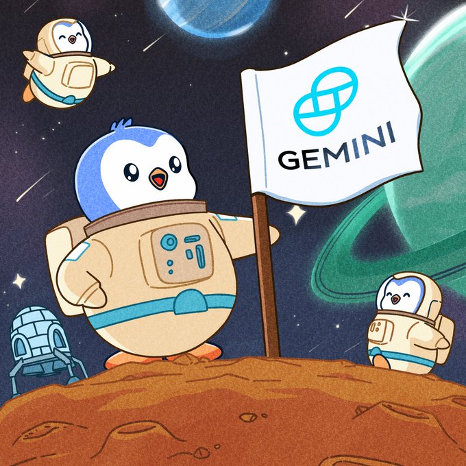 胖企鹅在太空中插上Gemini旗帜，背景是火星景观