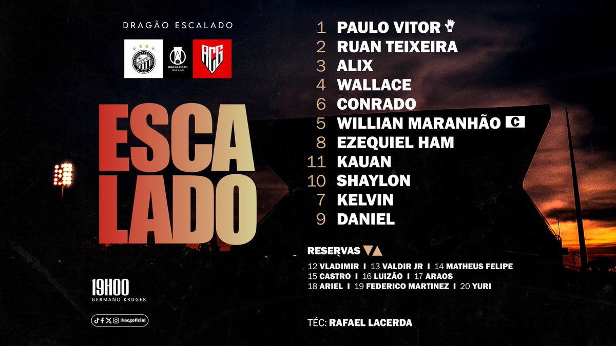 ACGOficial's tweet image. Atlético Goianiense escalado pelo treinador Rafael Lacerda para o jogo contra o Operário-PR no Estádio Germano Krüger.