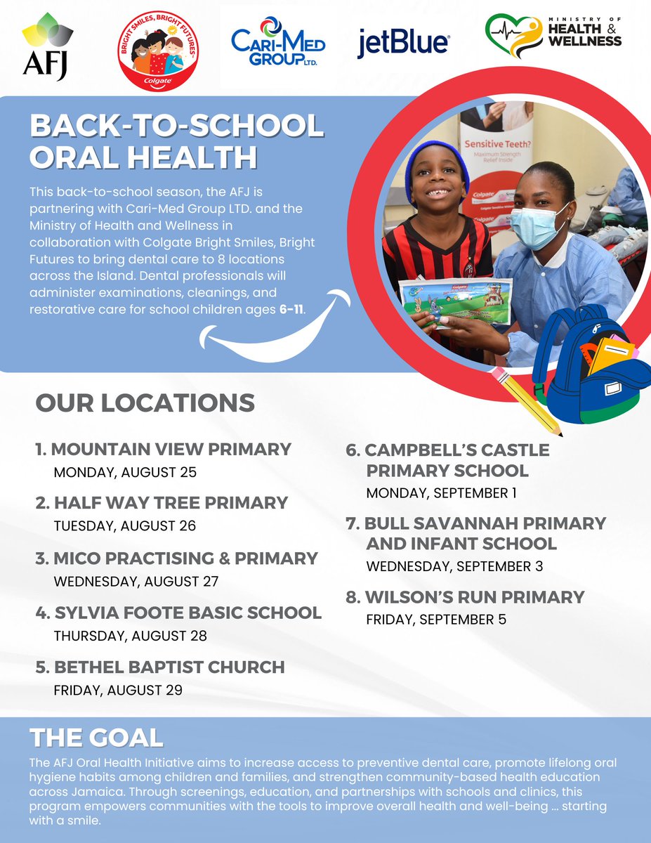 Healthy smiles start here. AFJ’s Oral Health Initiative brings free screenings, education, and preventative care to children and families across Jamaica – building brighter futures, one smile at a time. Thanks to our collaborators Colgate BSBF and Cari-Med Group Ltd.