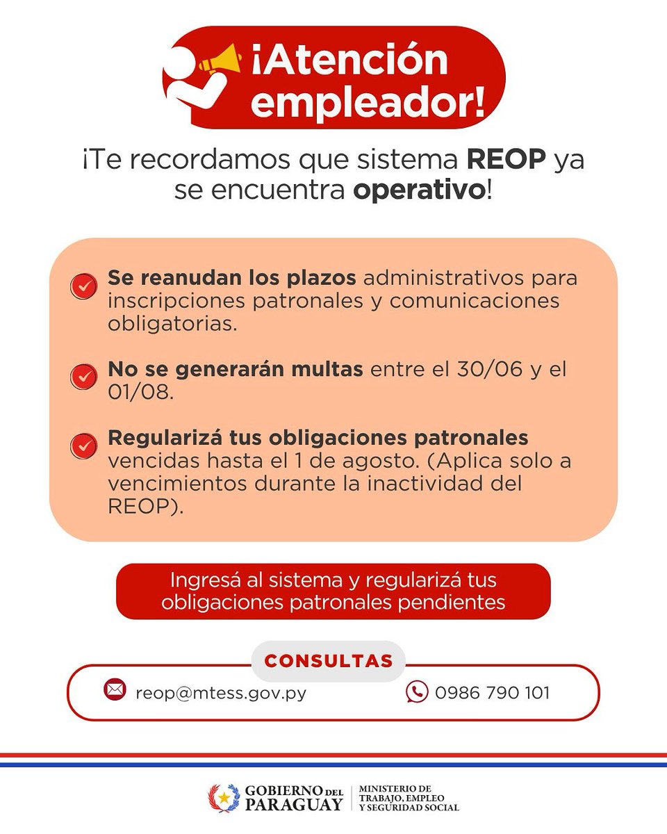 📣 ¡Atención empleadores! El sistema de Registro Obrero Patronal (REOP) ya se encuentra plenamente operativo ✅

🗓 Se reanudan los plazos administrativos para inscripciones y comunicaciones patronales obligatorias.

🚫 No se generarán multas por vencimientos entre el 30 de junio