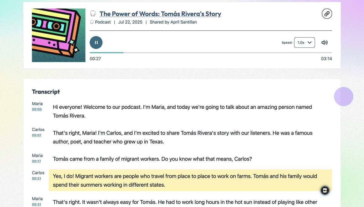 Mrs_Santillan's tweet image. Wow! @briskteaching is wonderful! Turned Bluebonnet Learning's 4th Grade Unit 1 Lesson 1 story into a podcast! My students sure will love this! #differentiation 🤩 @msgracia15 @Leticia_FF77 @KarinaMarin @SaraLeeSanchez2 @marisol_garza_1
@MarlenHinojosa8 #LJTECHi3 @LaJoyaISDEdTech