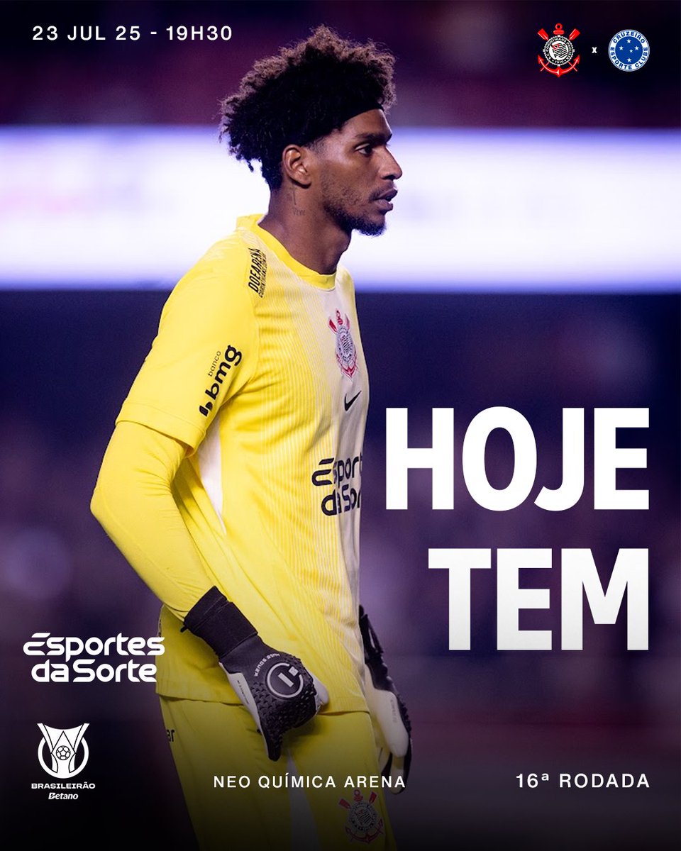 Hoje, o Corinthians joga pelo Brasileirão.

🎶 VAI PRA CIMA, CORINTHIANS! 🎶

⚽ Corinthians x Cruzeiro
🏆 Brasileirão (16ª rodada)
⏰ 19h30 (horário de Brasília)
🏟 Neo Química Arena
📺 Record; R7; Play Plus; Cazé TV e Premiere
🖥️ Corinthians TV (pré-jogo:  17h30 | narração: