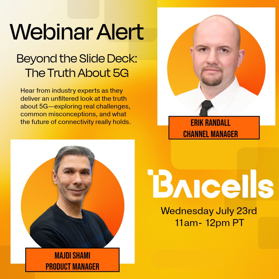 Sign up for our 5G webinar tomorrow!
Beyond the Slide Deck: The Truth About 5G hosted by industry experts!
Wednesday July 23rd at 11am PST 
Register here - hubs.li/Q03ylmv10

#Baicells #5GWebinar