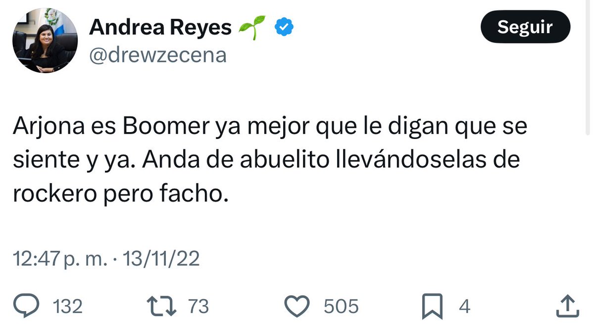 aDiarioGT's tweet image. ANTI ARJONA, DIPUTADA DE SEMILLA-RAÍCES
Historial de publicaciones de la Diputada cercana a Samuel Pérez, Andrea Reyes, ha llamado a @Ricardo_Arjona :
Músico mediocre e inútil, viejo quemado, anda dando pena, abuelito llevándosela de rockero