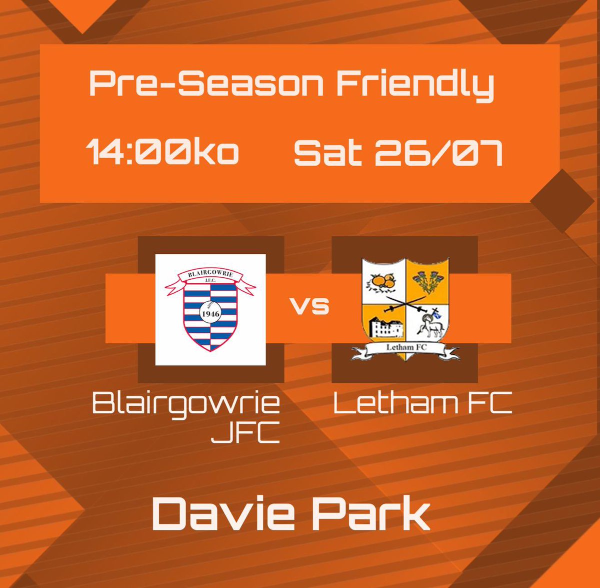 lethamJFC's tweet image. 📆 - Saturday 26th July
🆚 - Blairgowrie
🏆 - Pre-season Friendly
⌚️ - 14:00
📍 - Davie Park, Blairgowrie
🎟️ - By donation
Travelling Letham supporters are encouraged to donate at the gate. There will also be a HT raffle.
Last pre-season game before the proper action starts.