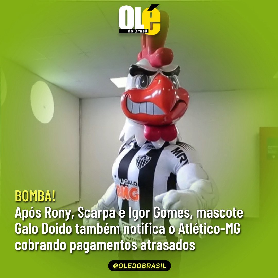 Oledobrasil's tweet photo. Crise sem pretendentes num gigante brasileiro: a Portuguesa segue tentando se reerguer. Contudo, neste post, deixaremos os gigantes de lado para falar do Atlético-MG.

Após Rony, Scarpa e Igor Gomes, o mascote Galo Doido também notificou o Atlético-MG cobrando pagamentos atrasados.

A nossa reportagem conversou com os atleticanos, que não esconderam o descontentamento.

“Um clube sem mascote é um clube sem alegria. Um absurdo o que estão fazendo o Galo”, disse Chicken Little, atleticano fanático.

A situação é delicadíssima. Por isso, o Galão cogitou vender seus troféus para levantar uma grana. Como um levantamento apontou que o clube não tem tantas taças assim para gerar um valor relevante, a ideia foi descartada. 

Siga o @oledobrasil para mais notícias humorísticas/fictícias como essa.