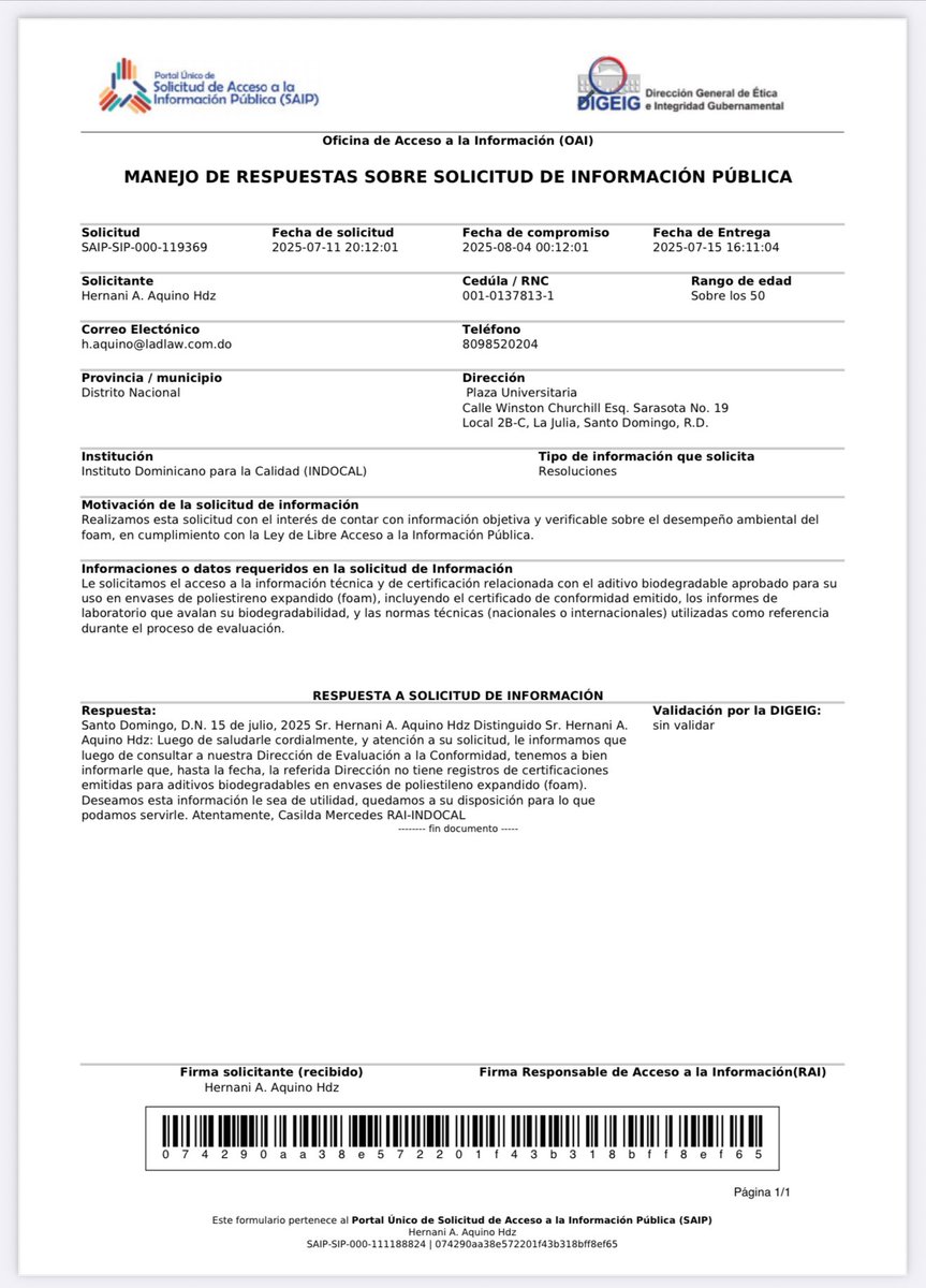¡Alerta país! A la fecha, el <a href="/INDOCALRD/">INDOCAL</a> no registra ninguna certificación de aditivos biodegradables para el foam. ¡Estamos rodeados de desechos sin control! 

La patria merece responsabilidad ambiental. 

#RDPorLoAlto 🇩🇴 #NoFoamRD