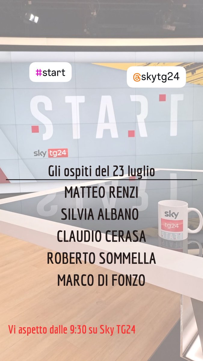 Giovanna Pancheri (@giopank) on Twitter photo Se volete vi aspetto domani a #START con <a href="/matteorenzi/">Matteo Renzi</a> <a href="/claudiocerasa/">Claudio Cerasa</a> Silvia #Albano <a href="/SommellaRoberto/">Roberto Sommella</a> <a href="/marcodifonzo/">Marco Di Fonzo 🇪🇺</a> dalle 9:30 sempre su <a href="/SkyTG24/">Sky tg24</a> Se volete vi aspetto domani a #START con <a href="/matteorenzi/">Matteo Renzi</a> <a href="/claudiocerasa/">Claudio Cerasa</a> Silvia #Albano <a href="/SommellaRoberto/">Roberto Sommella</a> <a href="/marcodifonzo/">Marco Di Fonzo 🇪🇺</a> dalle 9:30 sempre su <a href="/SkyTG24/">Sky tg24</a>