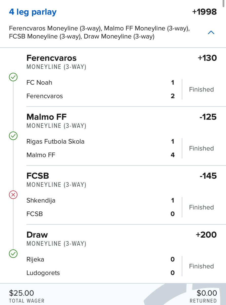 PicksHunch0's tweet image. 4 leg Champions League falls. FCSB controlled that whole game just didn’t go the right way
$25—>$500 (+2000) ❌
DM for the free MLB slate tonight!