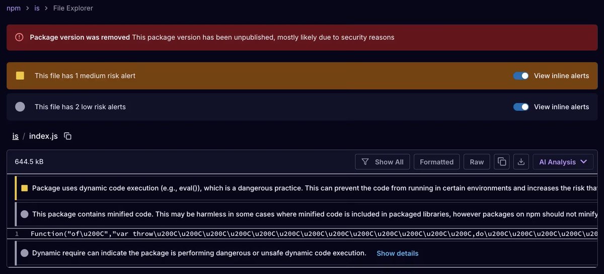 1/ 🚨 Major supply chain breach just hit the JavaScript ecosystem.

Attackers hijacked popular npm packages — including is (~3M downloads/week) — to silently ship remote access malware into dev environments.

Here’s what happened, and how Socket caught it 🧵