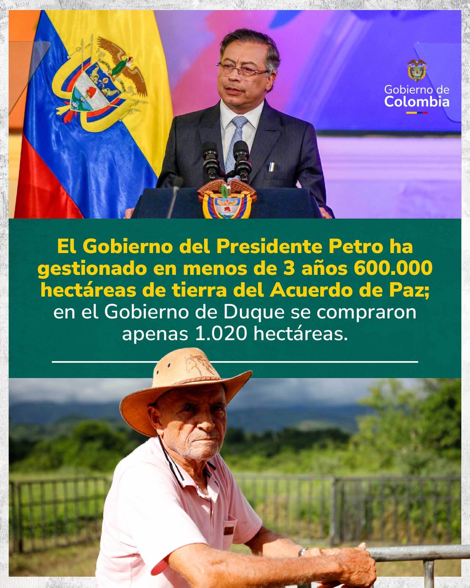 infopresidencia's tweet image. Son más de 600.000 hectáreas de tierra gestionadas en 3 años del Gobierno del Presidente @PetroGustavo, a diferencia del Gobierno anterior, que compró apenas 1.020 hectáreas.
Estamos cumpliendo el punto uno del Acuerdo de Paz: una reforma rural integral que devuelve la dignidad…