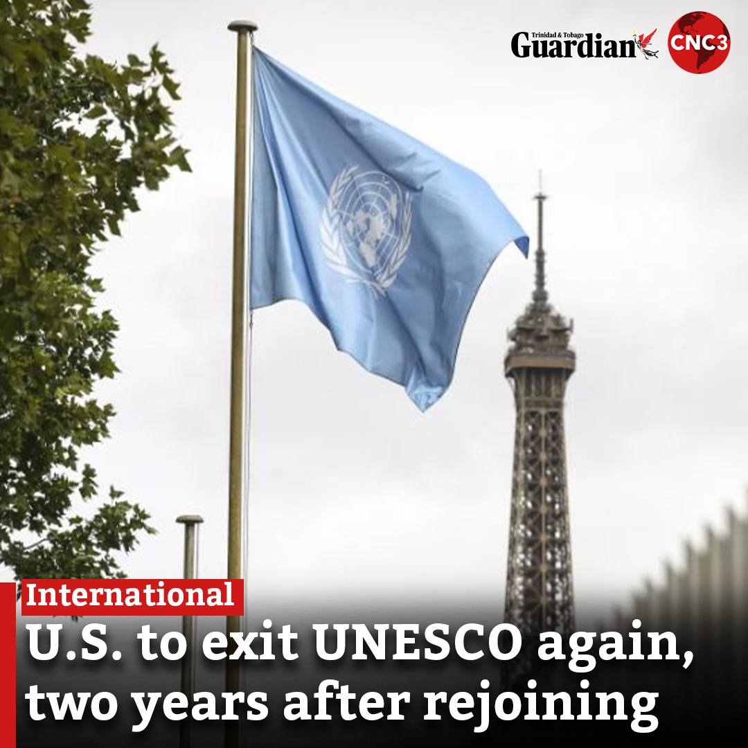 CNC3TV's tweet image. The Trump administration announced Tuesday that it will once again withdraw from the U.N. cultural agency UNESCO, an expected move that has the U.S. further retreating from international organizations.
Read more:
cnc3.co.tt/trump-administ…