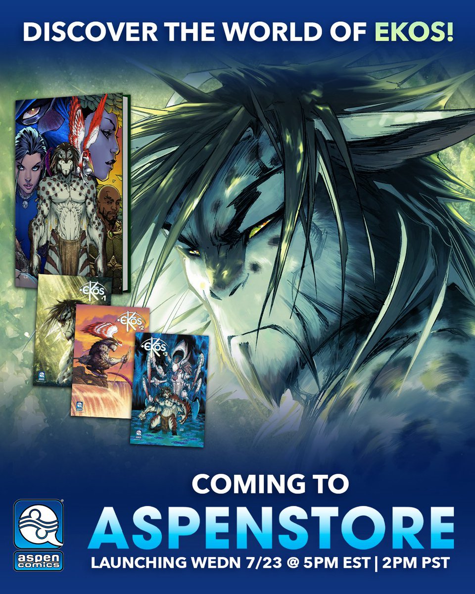 AspenComics's tweet image. Available for the first time on AspenStore, Ekos Vol.1 Hardcover Edition & Ekos Issues #1-3 variants and other Ekos products will be available!
🗓️ Launching TOMORROW WED 7/23 @ 5pm EST | 2pm PST 🗓️
#Ekos #AspenStore #AspenComics #StoreLaunch