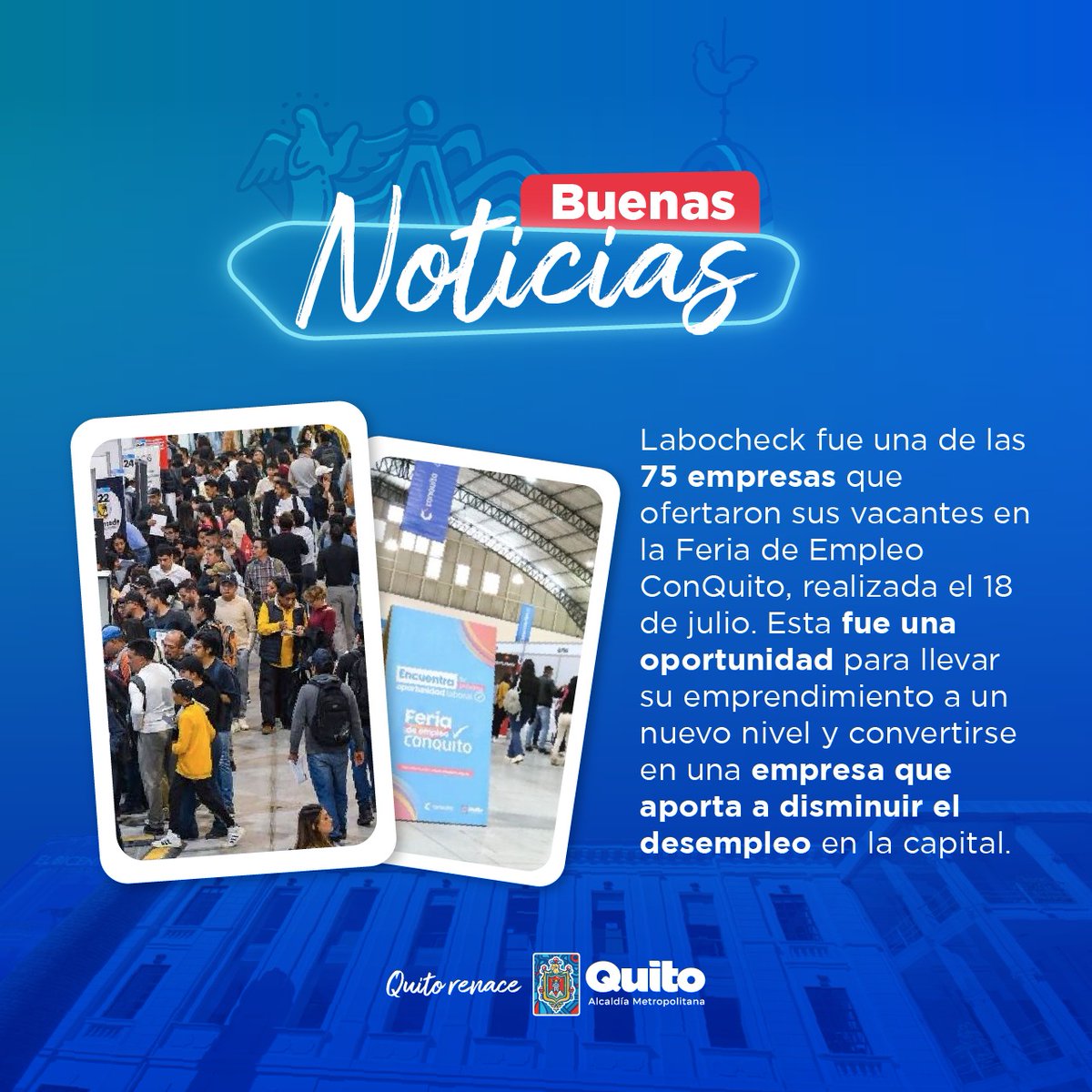 ✨#BuenasNoticias | ¡Las rutas de emprendimiento y empleabilidad dan resultados! 

Labocheck, empresa ganadora del capital semilla FonQuito, participó en la Feria de Empleo #ConQuito ofertando sus vacantes. 

Generamos más oportunidades.🚀👇

quitoinforma.gob.ec/2025/07/21/lab…

#QuitoRenace