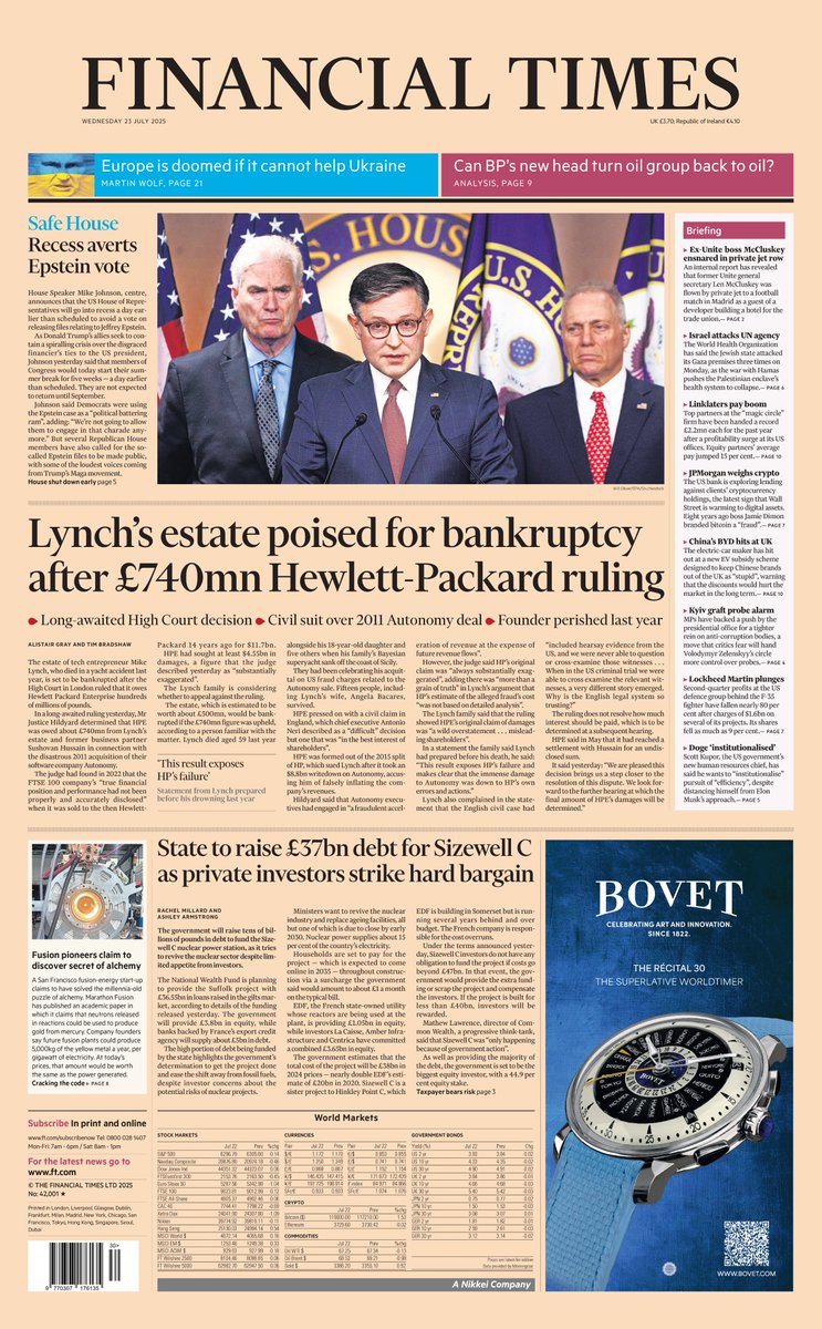 jacksurfleet's tweet image. Wednesday's FINANCIAL TIMES: Lynch's estate poised for bankruptcy after £740mn Hewlett-Packard ruling
#TomorrowsPapersToday
