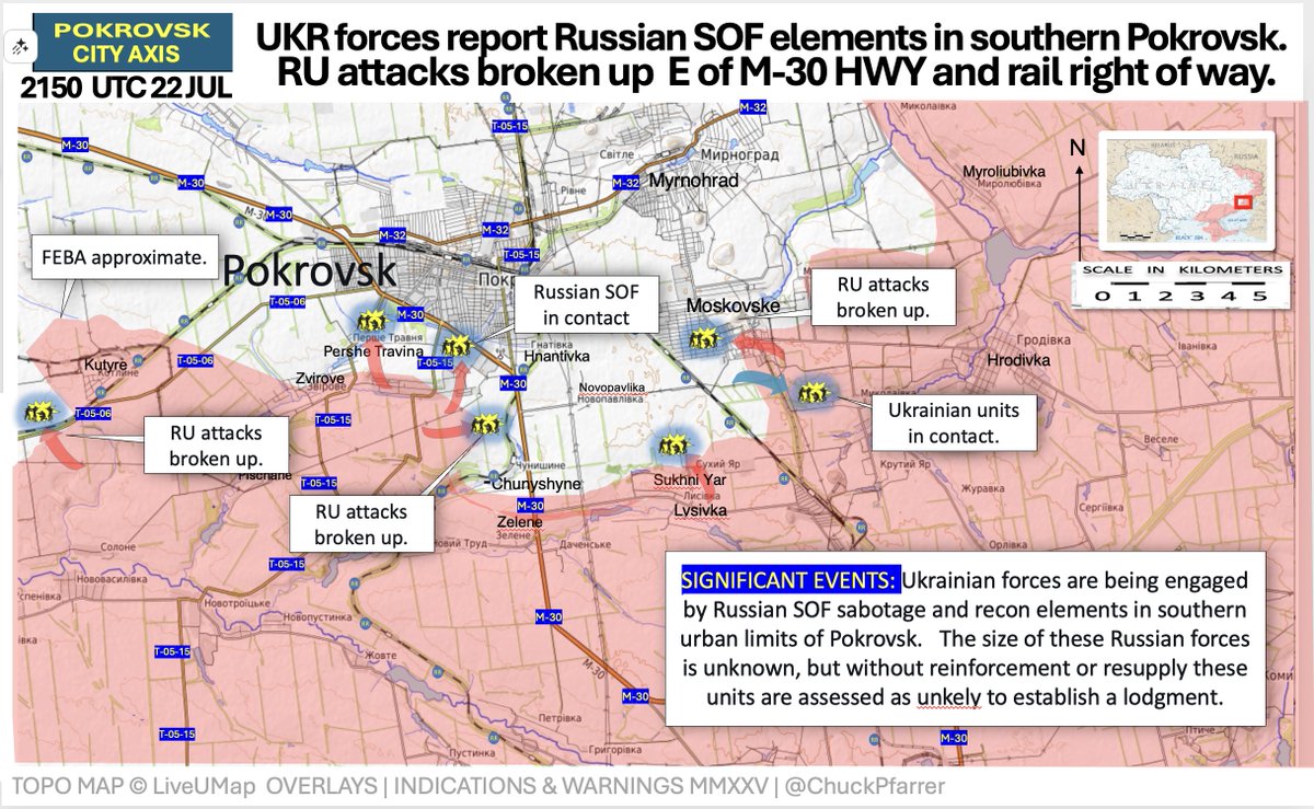 ChuckPfarrer's tweet image. POKROVSK CITY AXIS /2150 UTC 22 JUL/ UKR forces report sporadic contact with Russian SOF elements in southern Pokrovsk. Russian attacks broken up short of M-30 HWY and rail right of way south of Novopavlika.