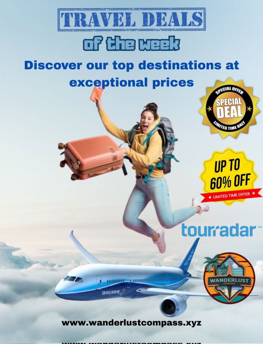 🚨 HUGE TRAVEL SALE! 🚨
Unlock adventures with up to 60% OFF our exclusive weekly deals! From pyramids to paradise, your dream trip is waiting. 
⏰ Offer ends July 29, 2025! 
Click to explore &amp; book now! 👇
wanderlustcompass.xyz/travel-deals
#TravelDeals #VacationSale #LimitedTimeOffer