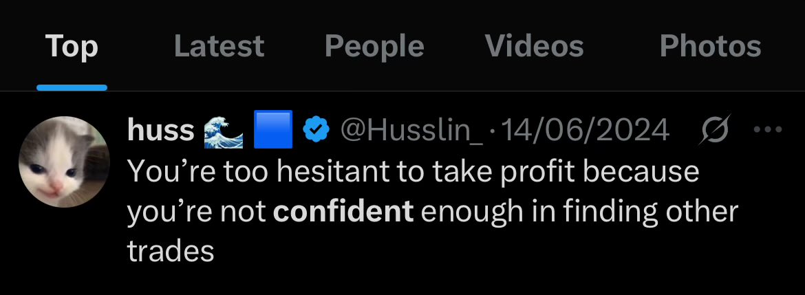 heartereum's tweet image. posts like these changed my trading career
one addendum I’d make is people risk too much (oversize/leverage) for the same reason
they’re not confident they’ll find more trades
I suggest printing some of the very good ones and sticking them next to your monitor until they’re…