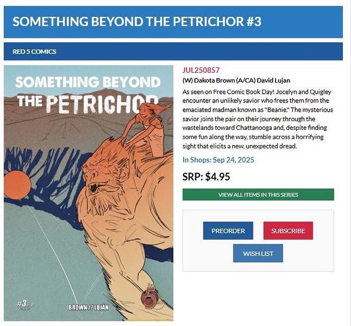 Issue 3 of Something Beyond the Petrichor is available for preorder! Be sure to tell your local comic shop.
But if your store is no longer ordering from Diamond, be sure to order directly from the <a href="/red5comics/">Red 5 Comics</a> site on 9/24.
Issue 1 is available now.
Issue 2 will be out 7/30.