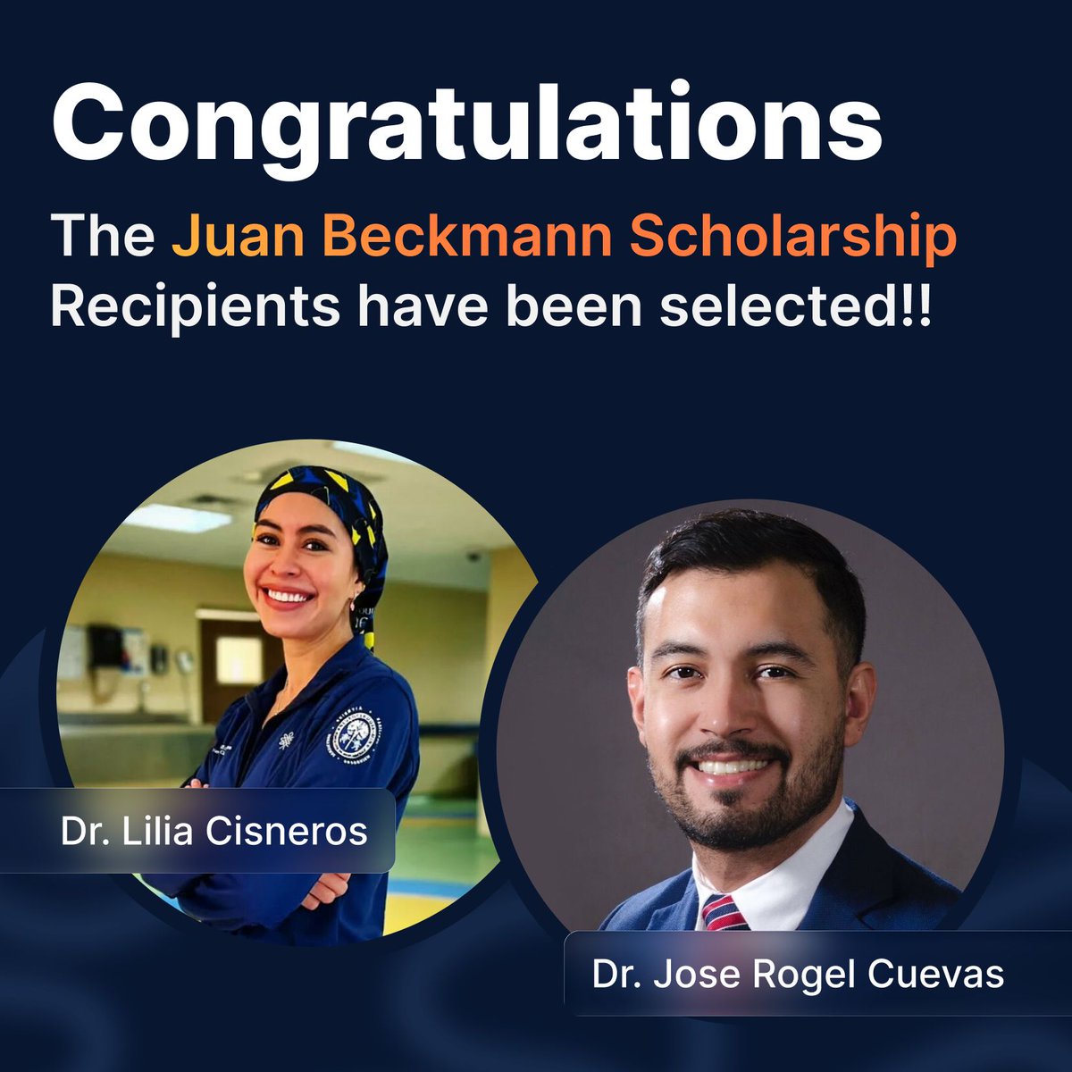 missionbrainorg's tweet image. 🎉 We’re thrilled to announce the recipients of the Juan Beckmann Scholarship:
Dr. Lilia Cisneros and Dr. Jose Rogel Cuevas!
👏 Join us in celebrating their achievements!
#JuanBeckmannScholarship #ScholarshipRecipients #GlobalNeurosurgery #MissionBrain #LeadershipInMedicine