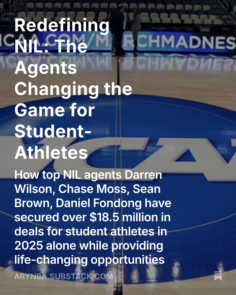Ary_NBA's tweet image. Top NIL agents Darren Wilson, Chase Moss, Sean Brown, and Daniel Fondong are creating life-changing opportunities for student-athletes. The full story here: open.substack.com/pub/arynba/p/r…