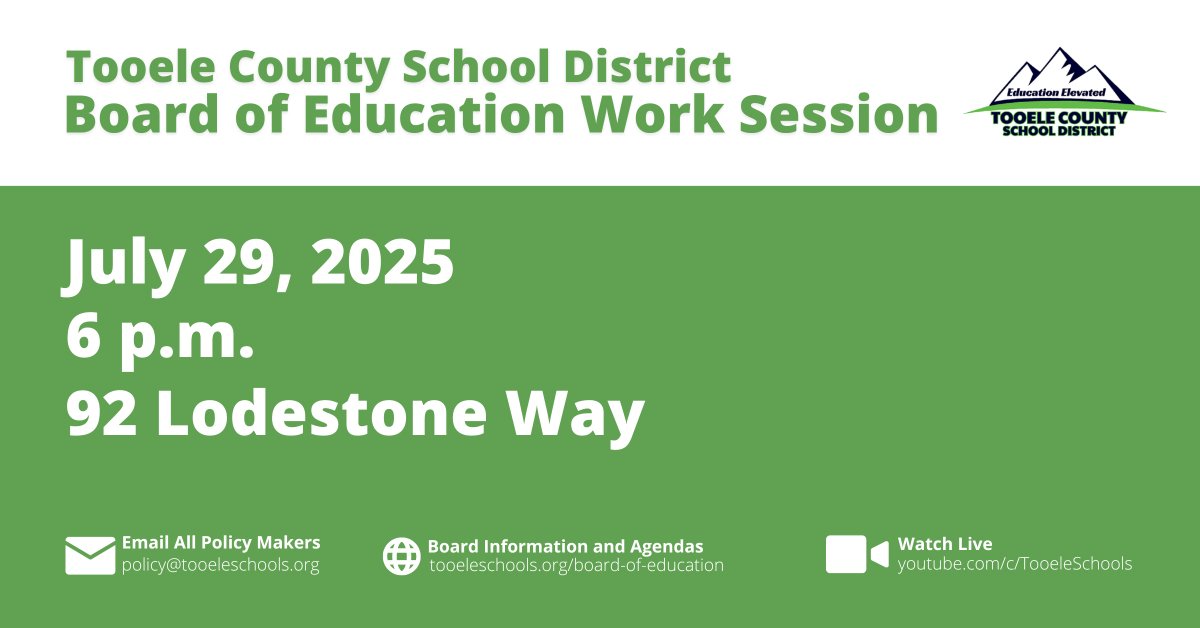 The TCSD BOE will hold a work session on July 29 at 6 p.m. Open to the public, no formal actions or public comments at the Work Session. Attend in person at 92 Lodestone Way, or watch live at youtube.com/c/TooeleSchools Agenda is available at tooeleschools.org/board-of-educa…