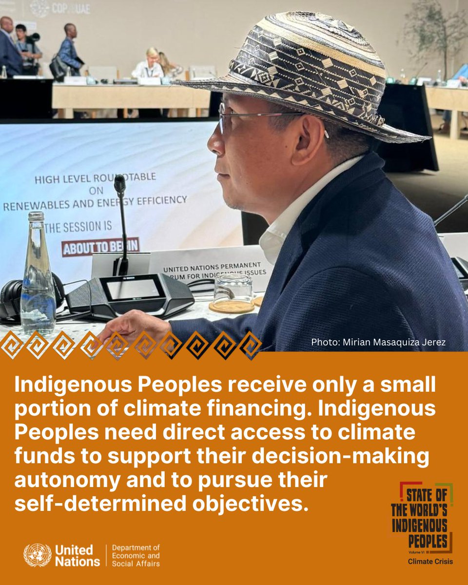 🌎Indigenous Peoples are key to tackling the #ClimateCrisis — yet they receive only a fraction of climate financing.

The new State of the World’s Indigenous Peoples calls for direct access to climate funds &amp; respect for their autonomy.
🌐bit.ly/4l4RlsT
#WeAreIndigenous