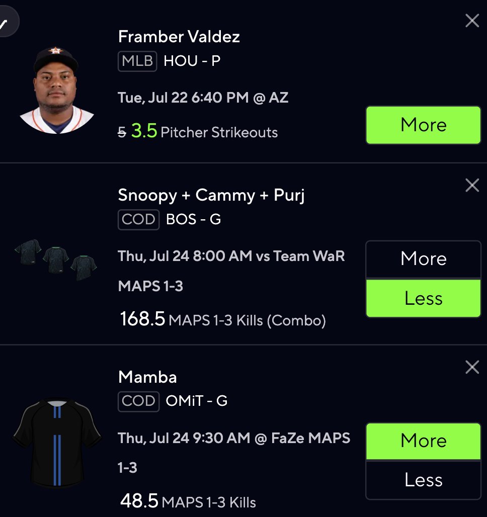 PrizePicks Taco Slip🚀

Esports props from <a href="/LCSLarry/">LCS Larry</a> model. Send me a DM with ESPORTS for a free trial to the model🤝

❤️if tailing!