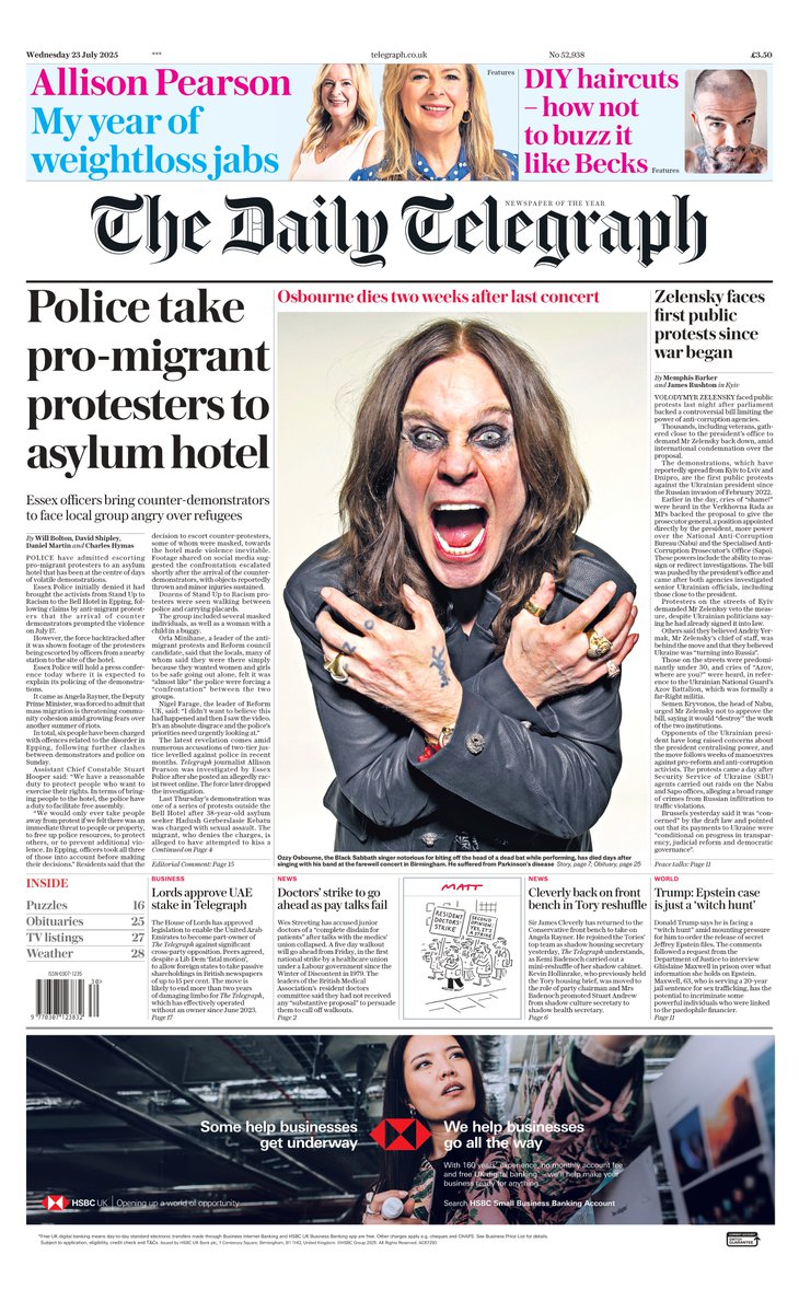 jacksurfleet's tweet image. Wednesday's DAILY TELEGRAPH: Police take pro-migrant protesters to asylum hotel
#TomorrowsPapersToday