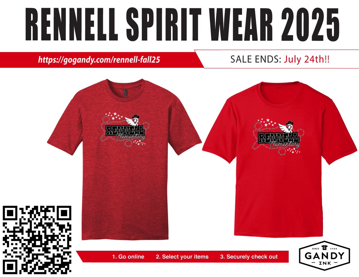 LAST DAY TO order is 7/24 to receive your spirit shirt before the 1st day of school! It'll be delivered to class for pickup at Meet the Teacher. Otherwise, it'll be sent home on the 1st day of school. 100% of proceeds made by PTO support Rennell! gogandy.com/rennell-fall25