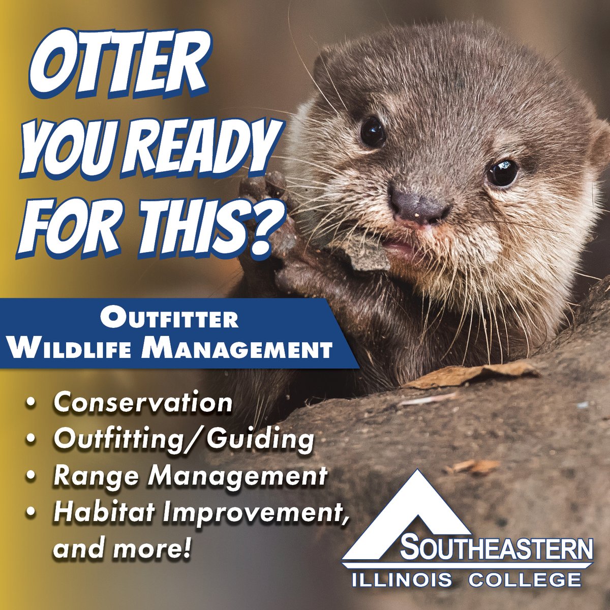 Southeastern Illinois College (@sic_edu) on Twitter photo Love the outdoors? Study Conservation, Guiding, Range Mgmt & more in SICβs Outfitter Wildlife Management program! π²π¦
Register by Aug. 18
Visit: sic.edu/owl
πΉ Trap & archery scholarships available! jordan.hammersley@sic.edu
#OutdoorClassroom #OtterlyAwesome Love the outdoors? Study Conservation, Guiding, Range Mgmt & more in SICβs Outfitter Wildlife Management program! π²π¦
Register by Aug. 18
Visit: sic.edu/owl
πΉ Trap & archery scholarships available! jordan.hammersley@sic.edu
#OutdoorClassroom #OtterlyAwesome