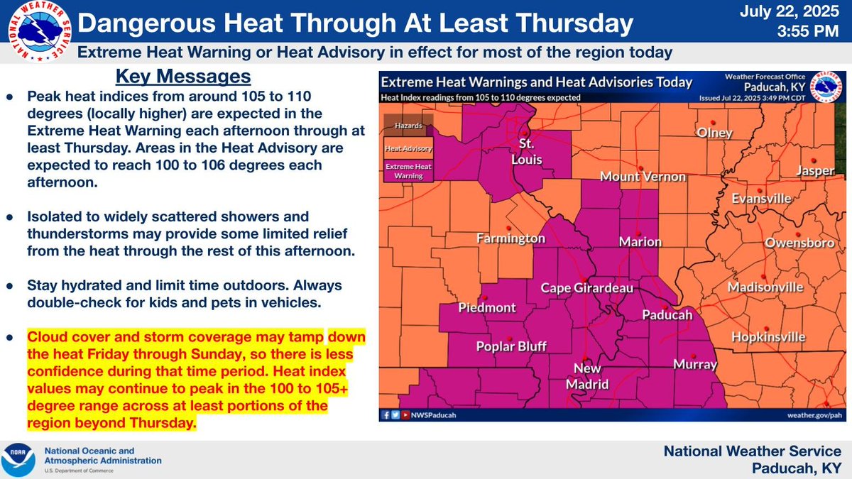 NWSPaducah's tweet image. Dangerous heat and humidity will continue for the entire region this week.