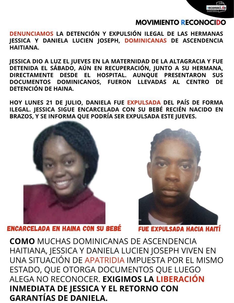 ¡CUATRO DÍAS DETENIDA CON SU BEBÉ!
Jessica Luciefue sacada del hospital tras dar a luz y llevada al centro de detención en Haina. Su hermana ya fue expulsada ilegalmente.
La quieren desterrar también. ¡Esto es violencia de Estado!
 #NoMásApatridia 
<a href="/FarideRaful/">Faride Raful</a> <a href="/CIDH/">CIDH - IACHR</a> 
<a href="/CONANIRDo/">Consejo Nacional para la Niñez y la Adolescencia</a>