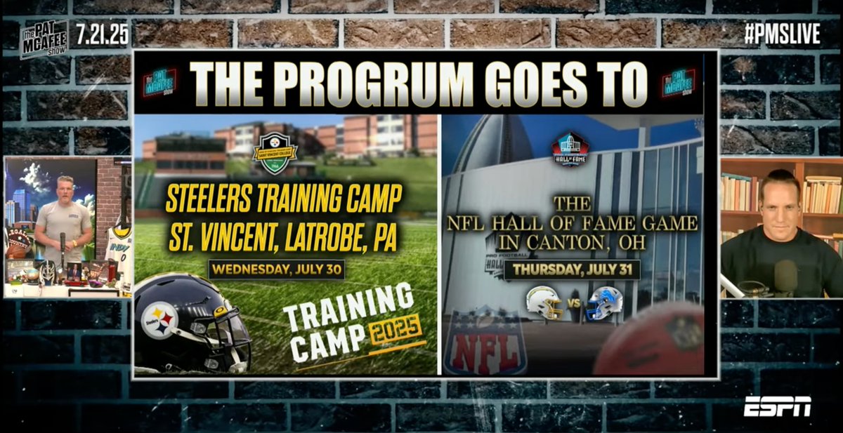 ESPNPR's tweet image. Programming Update: Noon-2p ET on ESPN
Thurs: @SportsCenter interviews from #ACCKickoff w/Bill Belichick & Dabo Swinney
Fri: #SC50in50 live from Wisconsin @packers training camp
The @PatMcAfeeShow is off for a summer break shortened week ahead of 2 road shows on July 30 & 31