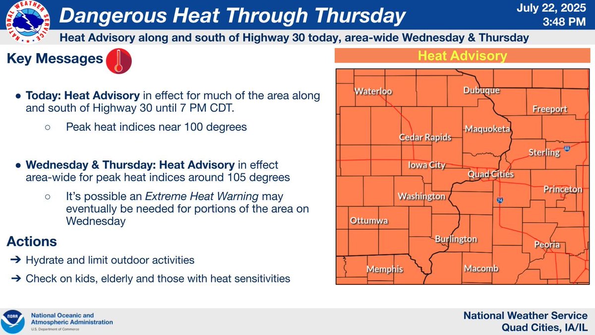 NWSQuadCities's tweet image. An active period of weather continues, with isolated strong to severe storms possible this evening into tonight, along with continued hot & very humid conditions through Thursday with Heat Advisories in effect area-wide Wednesday and Thursday. Stay cool, folks!
#IAwx #ILwx #MOwx