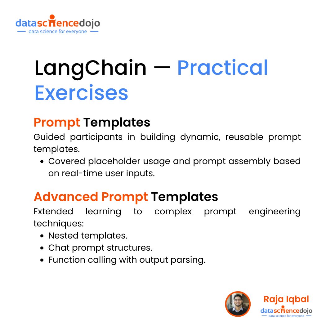 DataScienceDojo's tweet image. 🚀 Agentic AI Bootcamp — Session 2 Highlights!
We explored the fundamentals of LangChain with hands-on exercises — from context handling and dynamic prompting to advanced example selectors, document loaders, and tool integration for real-world AI workflows.
💡 Swipe through the…