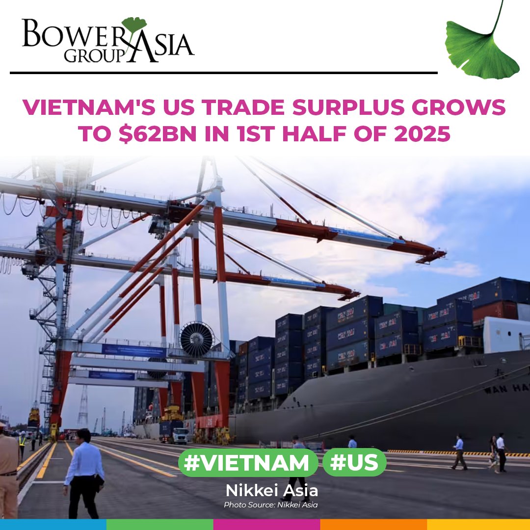 BowerGroupAsia's tweet image. Vietnam’s trade surplus with the United States reached $62 billion in the first half of the year, highlighting deepening ties even as Washington pressures Hanoi on trade imbalances.
asia.nikkei.com/Economy/Trade/…