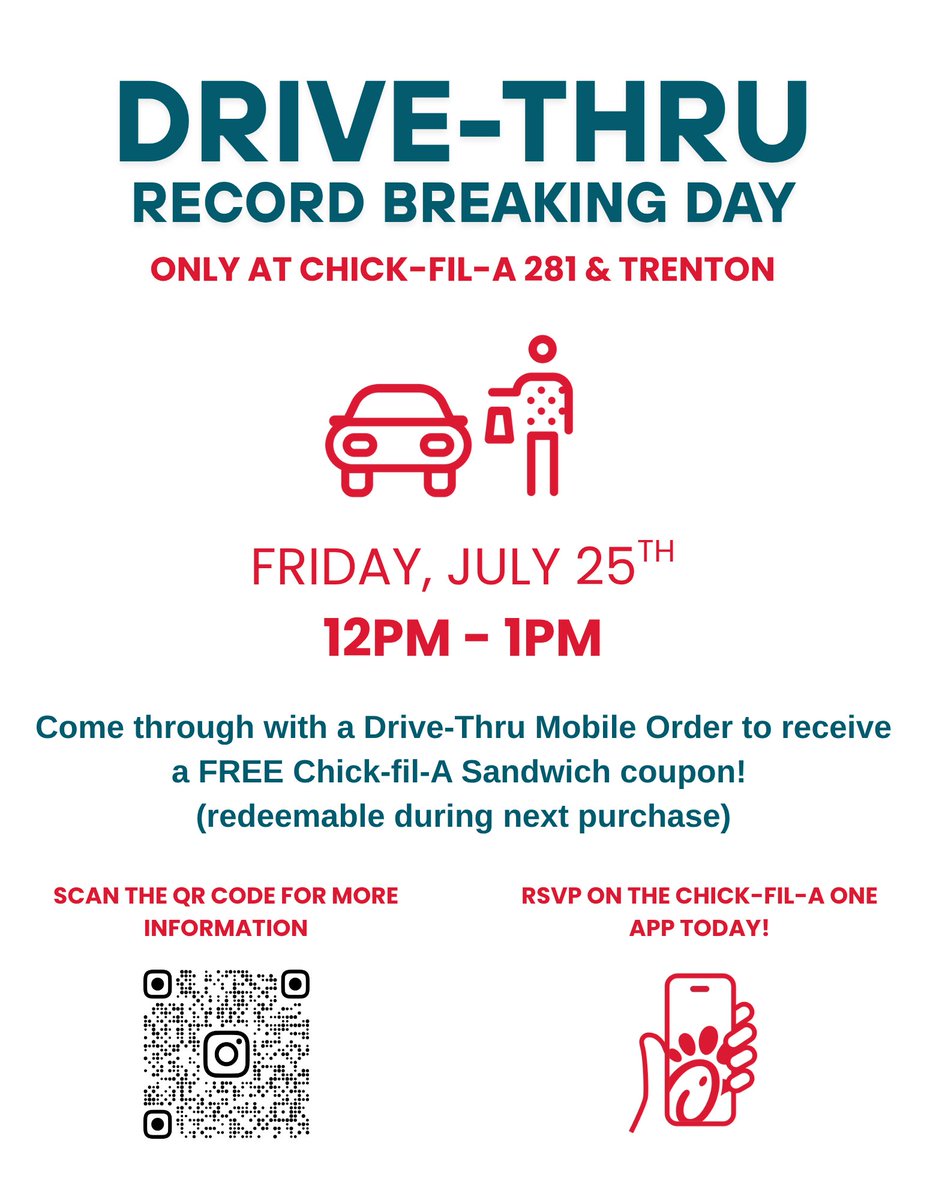 🚗🍔 Hey Chick-fil-A fans! This Friday, July 25, at the 281 &amp; Trenton location, we're breaking the drive-thru record! Join us for deliciousness and fun! 🌟 RSVP for a FREE sandwich and make history with us! 💪❤️ #ChickfilATrenton #RecordBreakingDay