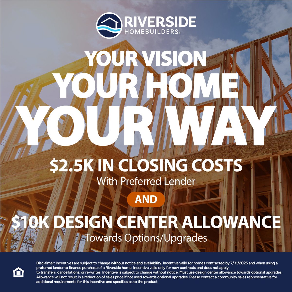 RSHomebuilder's tweet image. ✨ Your Vision. Your Home. Your Way. ✨

Now through 7/31/2025, receive $2,500 in closing costs with our preferred lender, plus a $10,000 Design Center allowance to personalize your Riverside Home with the options and upgrades you love. bit.ly/3GDzvPv
