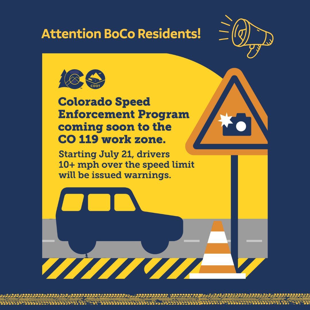 Mobility4AllBC's tweet image. CDOT’s Speed Enforcement Program will soon begin issuing warnings to drivers going 10+ mph over the speed limit in the Colorado Highway 119 work zone between Boulder and Longmont. After the warning period, $75 civil penalties will be issued.
🔗buff.ly/HOYz6QL
