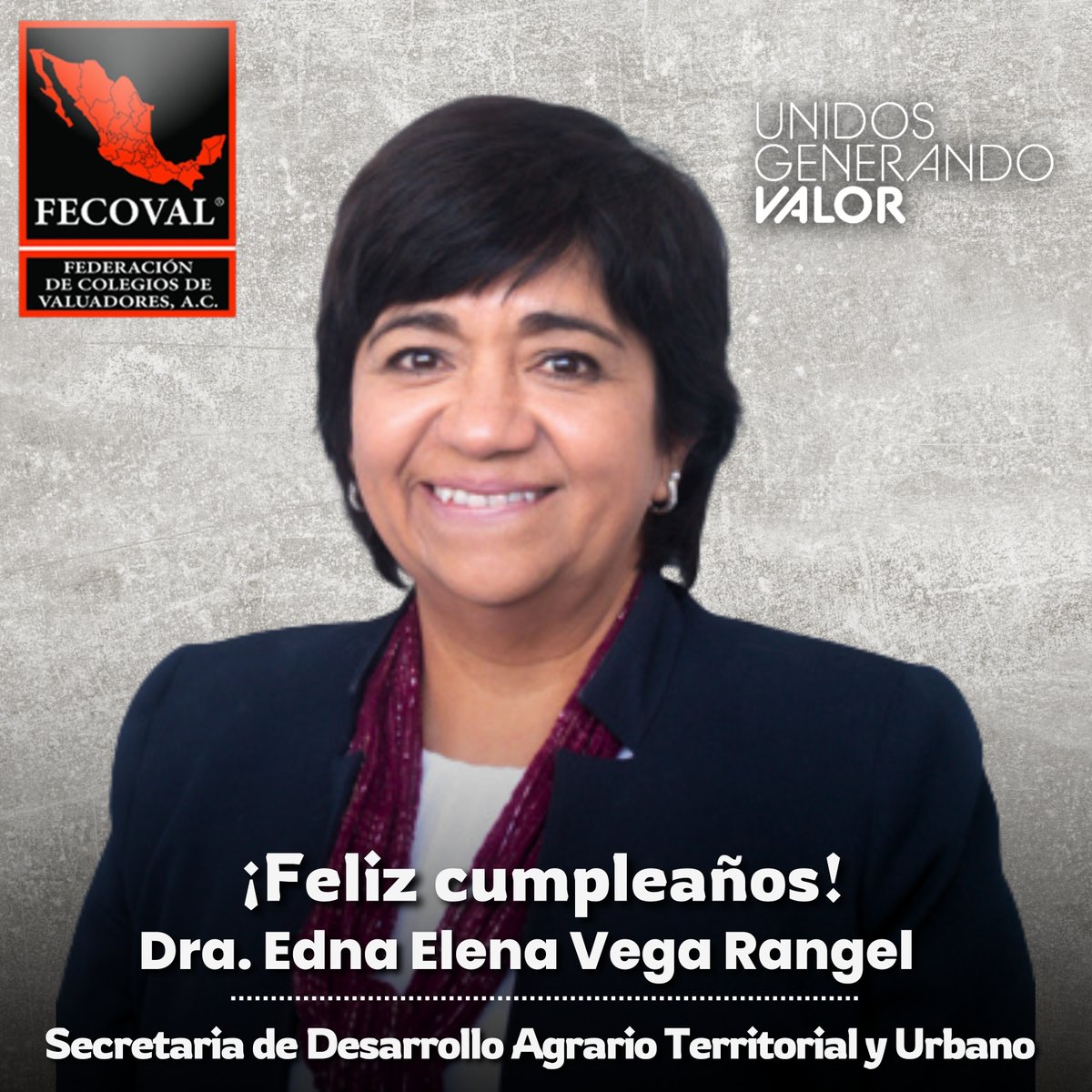 FECOVAL_AC's tweet photo. 🎉 ¡Feliz cumpleaños @EdnaElenaVegaR1! 🎉
Desde FECOVAL extendemos una cálida felicitación a la Secretaria de Desarrollo Agrario, Territorial y Urbano.
Le deseamos un nuevo año lleno de salud, éxitos y satisfacciones personales y profesionales.
#FECOVAL #SEDATU https://t.co/rRakgQIHic