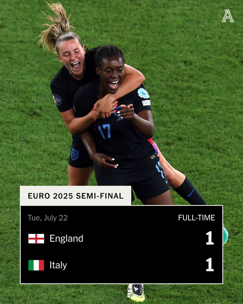TheAthleticFC's tweet image. Michelle Agyemang's late equaliser takes England into extra-time.
Where we have heard that before?
The defending champions level late on to save their title defence, and force another 30 minutes in their #WEURO2025 semi-final against Italy.