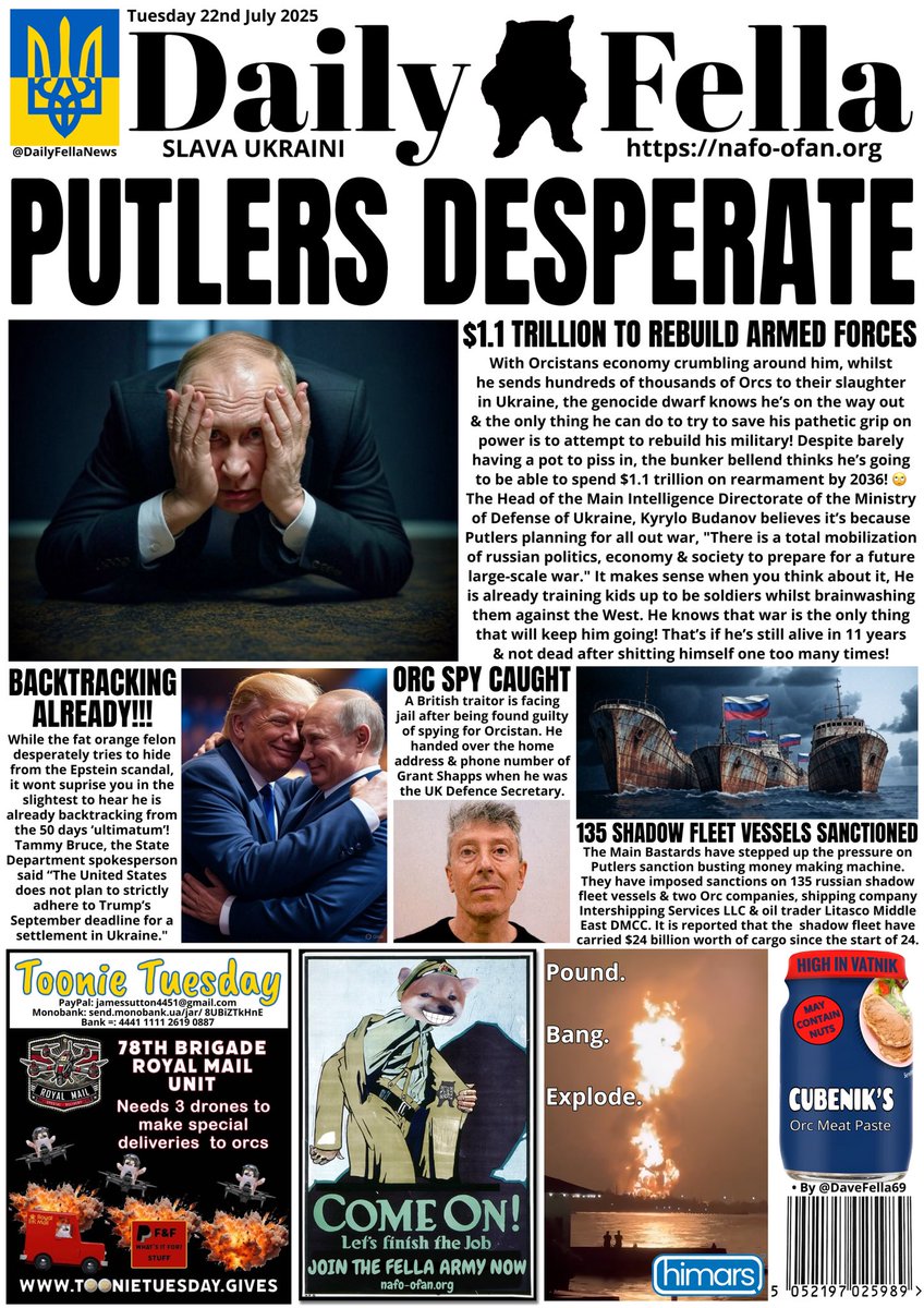 It’s #ToonieTuesday &amp; it’s Daily Fella time. So before you read anything, send some toonies over. 
Read about Putin desperately trying cling to power by rebuilding russia’s armed forces, tRump backtracking &amp; spy caught. 

#DailyFella #DailyFellaNews #SlavaUkraini #NAFO