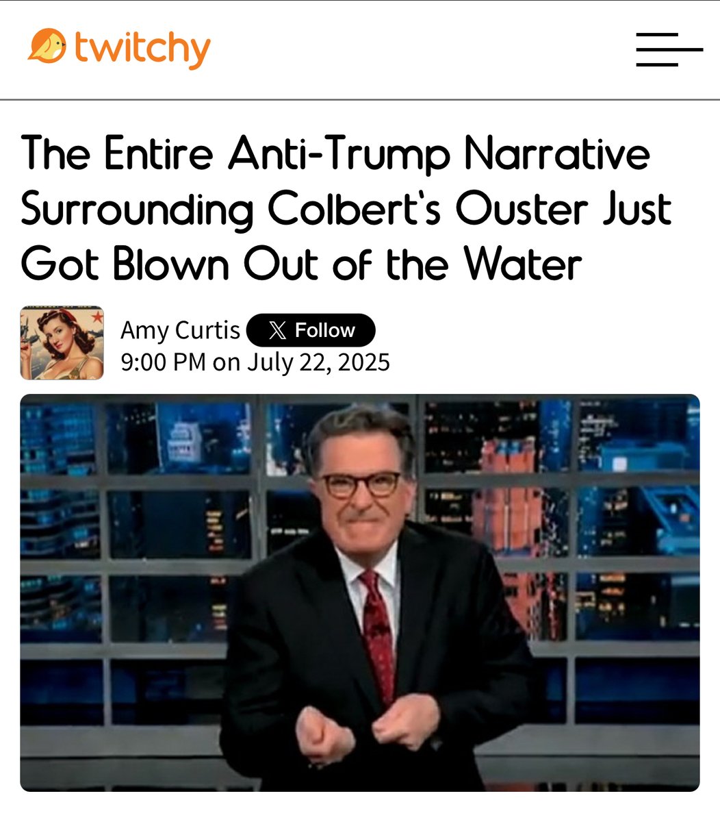 TwitchyTeam's tweet image. The Entire Anti-Trump Narrative Surrounding Colbert's Ouster Just Got Blown Out of the Water
twitchy.com/amy-curtis/202…