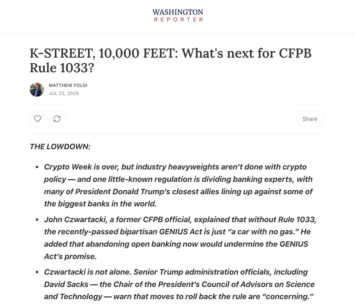 WarMachineRR's tweet image. NEW: What do @DonaldJTrumpJr, @DavidSacks, and former Trump CFPB official @CZ have in common?
They're all concerned big banks' push to kill a little-known open banking rule could kill access to crypto/fintech for everyday Americans.
Via @MatthewFoldi
washingtonreporter.news/p/k-street-100…