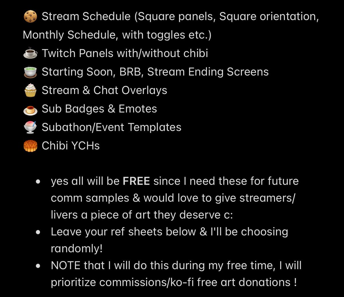 zzzynrae's tweet image. ATTENTION VTUBERS OR STREAMERS ‼️
I&apos;m  in need of lab rats for the following experiments:

PLEASE READ THE PHOTO !! 
+ OCs are welcome for YCHs
+ Comment the emoji of the art/graphic that you want to have
#VTubers #lookingfor #artmoots #freeart #ArtistOnTwitter #zynraExp