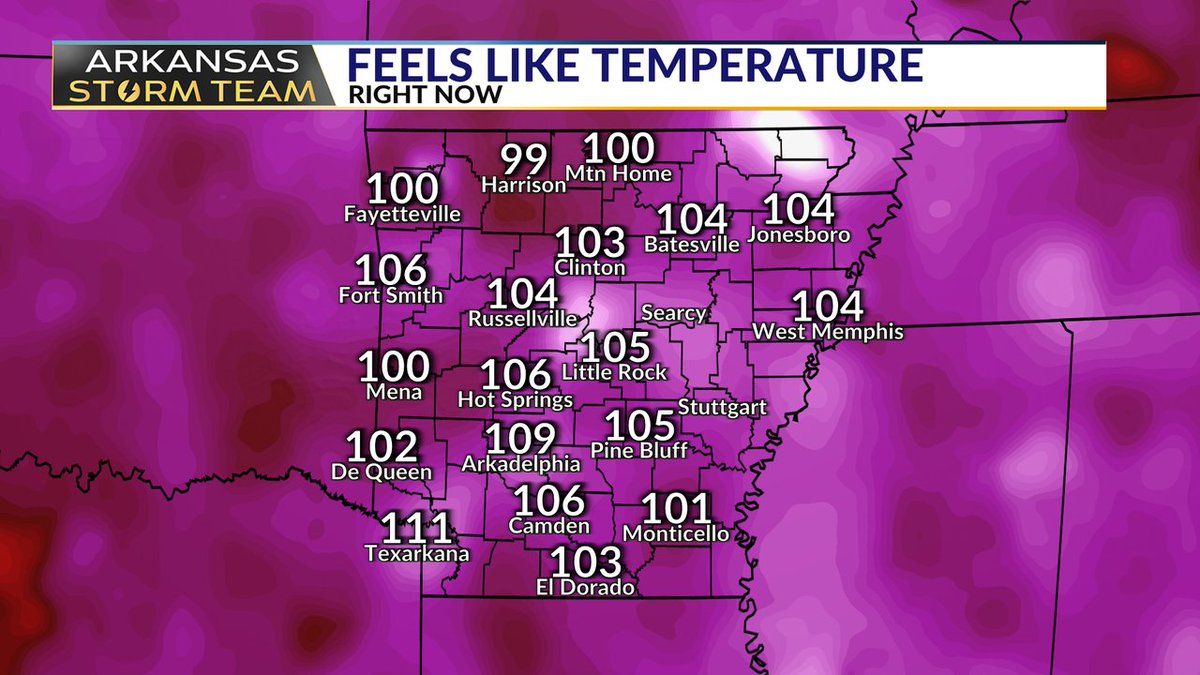 joel_off_air's tweet image. So far, we've managed to keep our heat index values below 110... But that may change as we head into late-week and the upcoming weekend.
I'll have a forecast update coming up on FOX16 News at 5:30 and 6:30. #ARwx