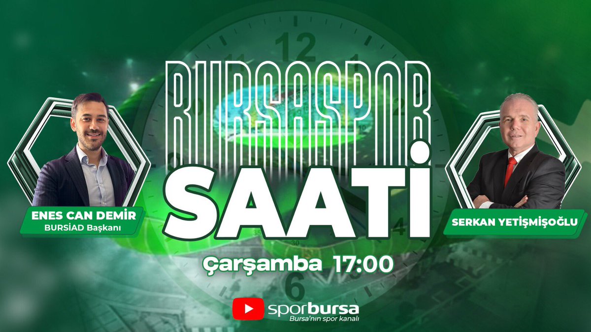 Çarşamba (bugün) saat 17.00’de başlayacak #BursasporSaati’nin konuğu #BURSİAD Başkanı Enes Can Demir…
Başkan Demir, #SporBursa YouTube Kanalı’nda Serkan Yetişmişoğlu’nun konuğu olacak.
<a href="/EnesCanDmr/">Enes Can Demir</a> <a href="/bursiad1963/">BURSİAD</a> <a href="/serkanyetis/">Serkan Yetişmişoğlu</a> #Bursaspor 🐊
🔰CANLI YAYIN LİNKİ🎥