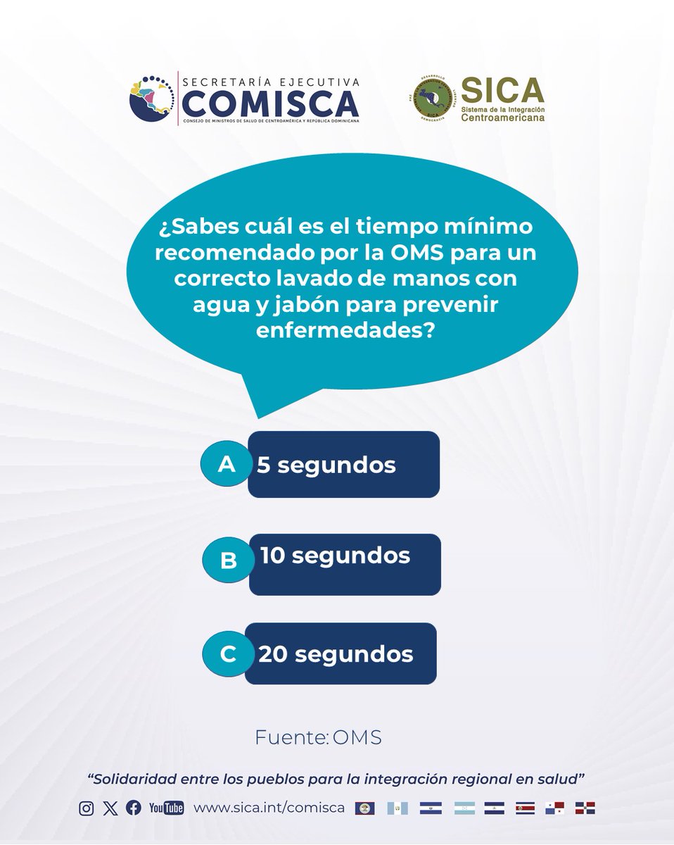 Viernes de Trivia...

¿Sabes cuál es el tiempo mínimo recomendado por la OMS para un correcto lavado de manos con agua y jabón para prevenir enfermedades❓

💡 Deja tu respuesta en los comentarios  y fortalezcamos juntos buenos hábitos.

#SECOMISCA #IntegraciónRegionalEnSalud